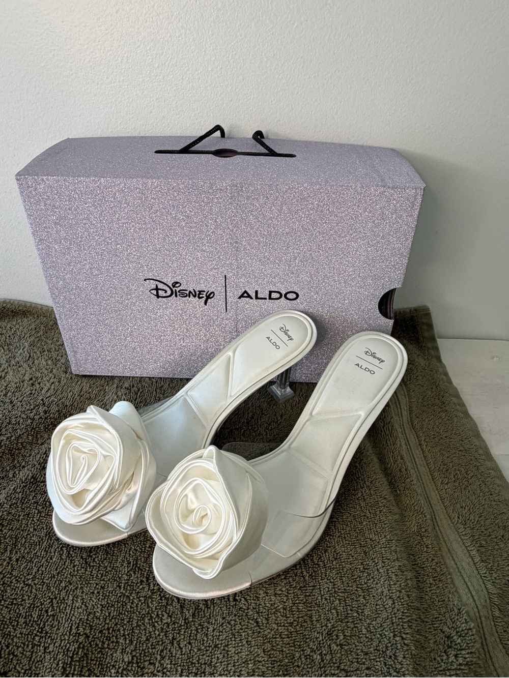 Aldo White Satin Slide Mules with Rose Accent